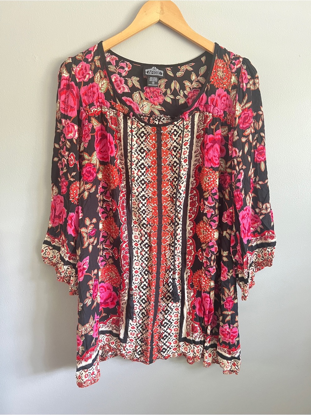 Angie Black Tunic with Pink Roses and Rust Trim